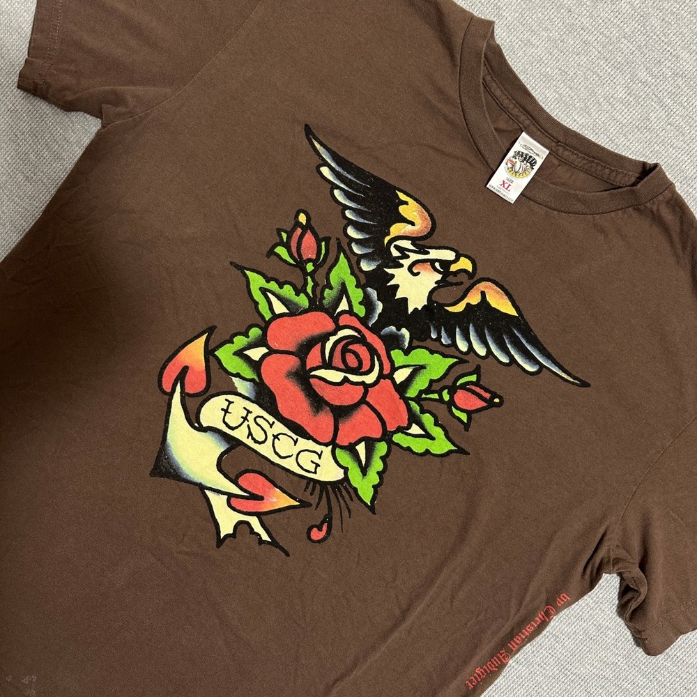 Y2K Ed Hardy Christian Audigier USCG Eagle Rose Tattoo Tee Brown Mens XL